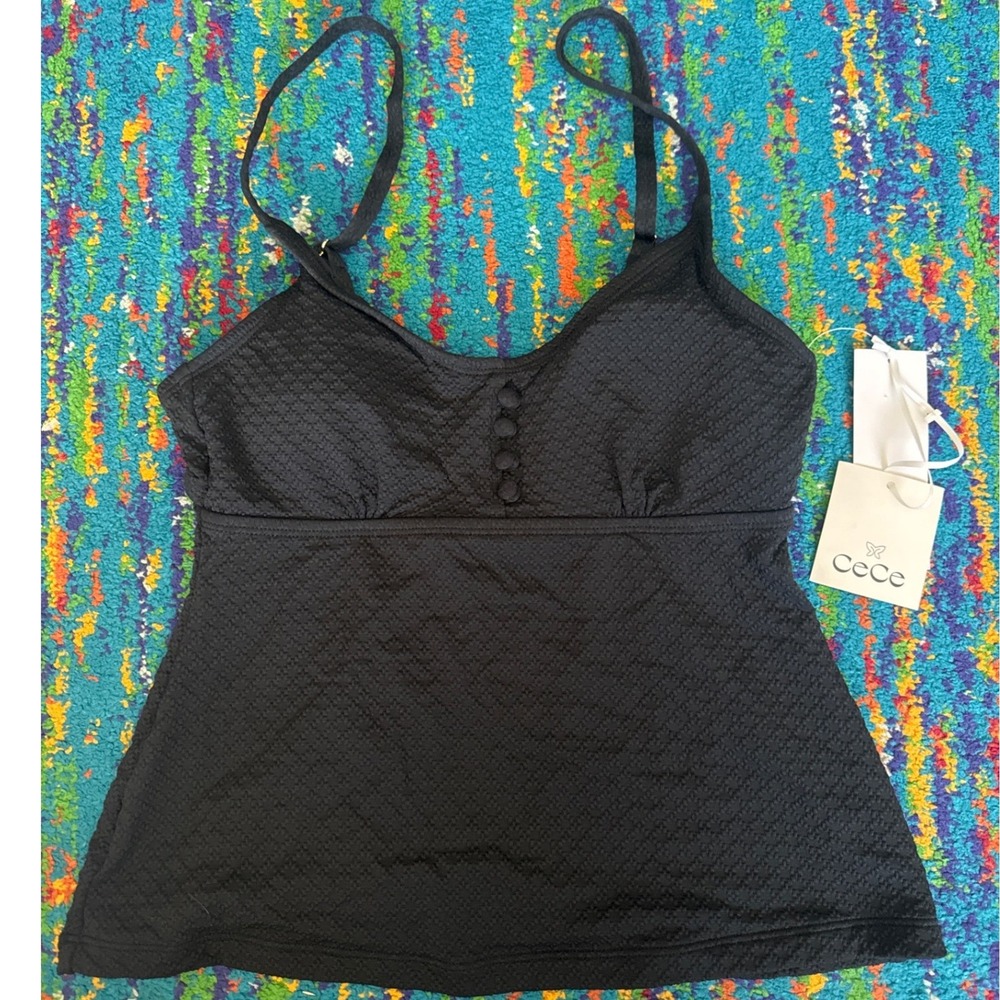 NWT CeCe Tankini Swim Top Black Textured Button Front Women Small
